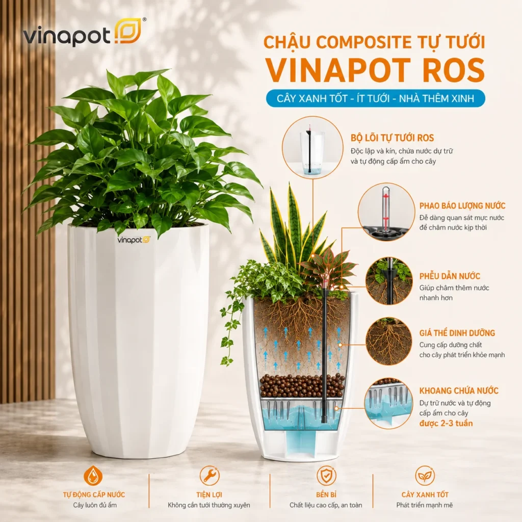 Sơ đồ cấu trúc chi tiết lõi tự tưới thông minh Vinapot ROS bao gồm ống cấp nước, phao đo nước và hệ thống thẩm thấu ngược