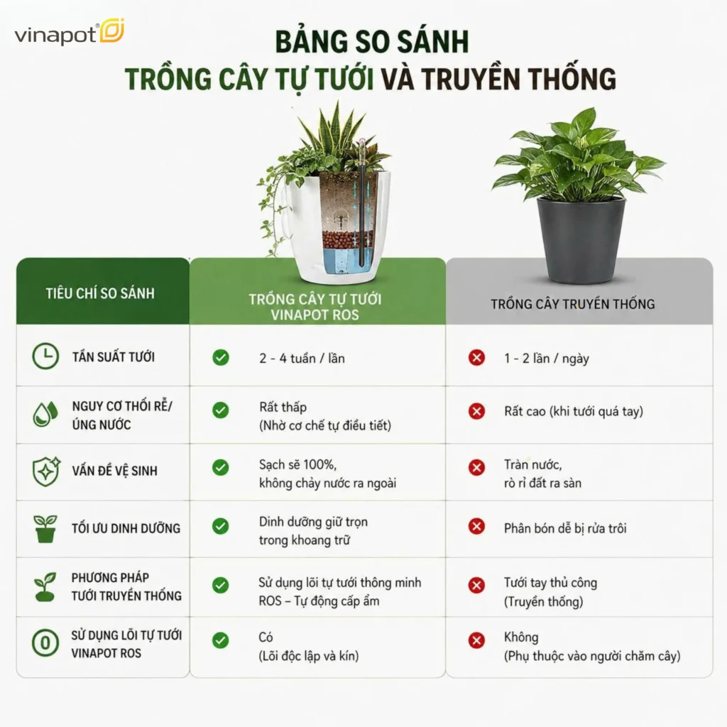 Bảng so sánh ưu điểm chậu tự tưới thông minh Vinapot chống úng rễ với chậu trồng cây truyền thống